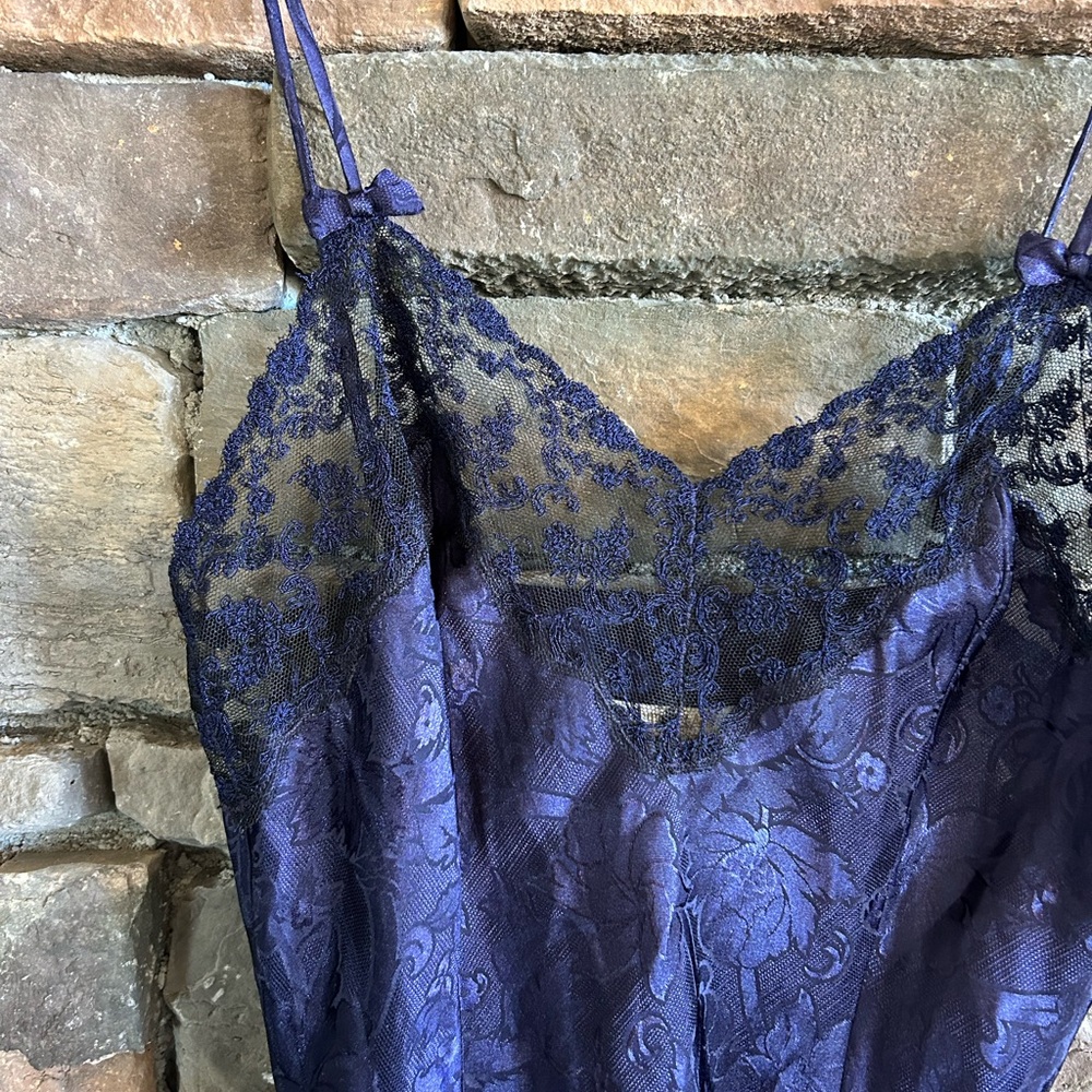 Victorias Secret Vintage Gold Label Midnight Blue Coquette Bow Satin Slip Dress - Picture 4 of 8
